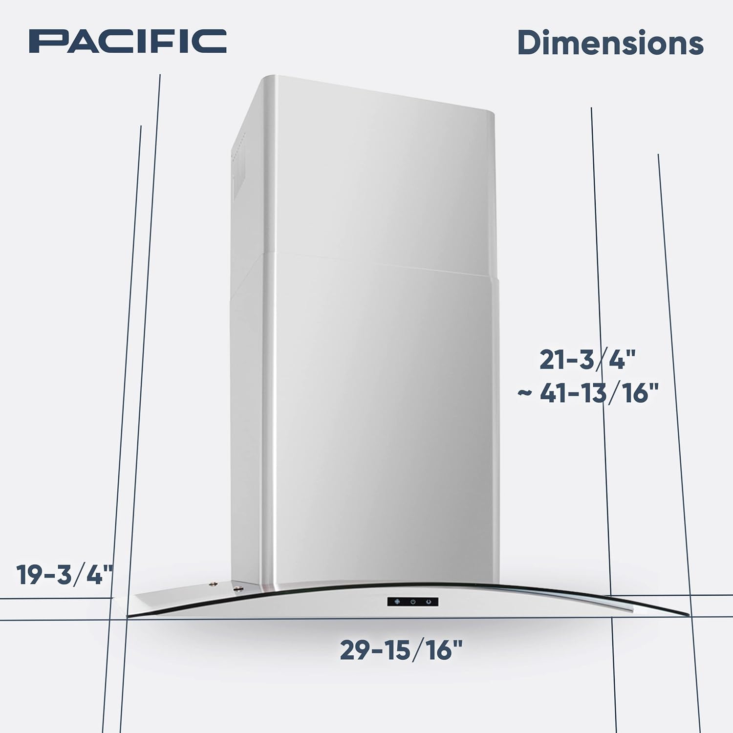 Diagram showing the dimensions of the range hood
