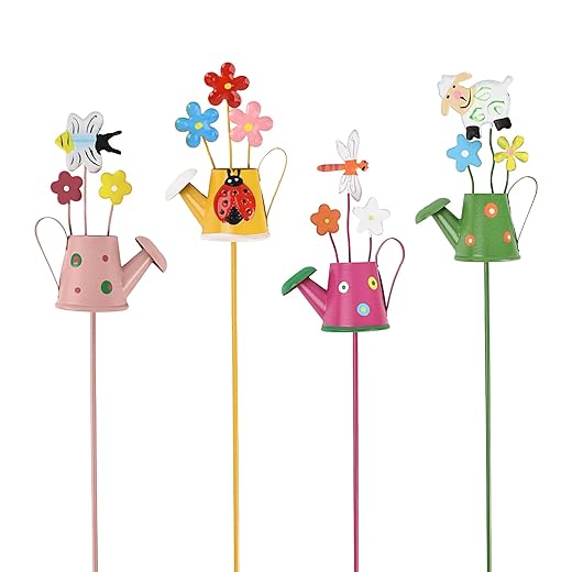 Decorative Garden Stakes Set Metal Garden Ornaments Waterproof Decorations for Indoor Outdoor Yard Patio Plant Pot (Watering can-4PCS)