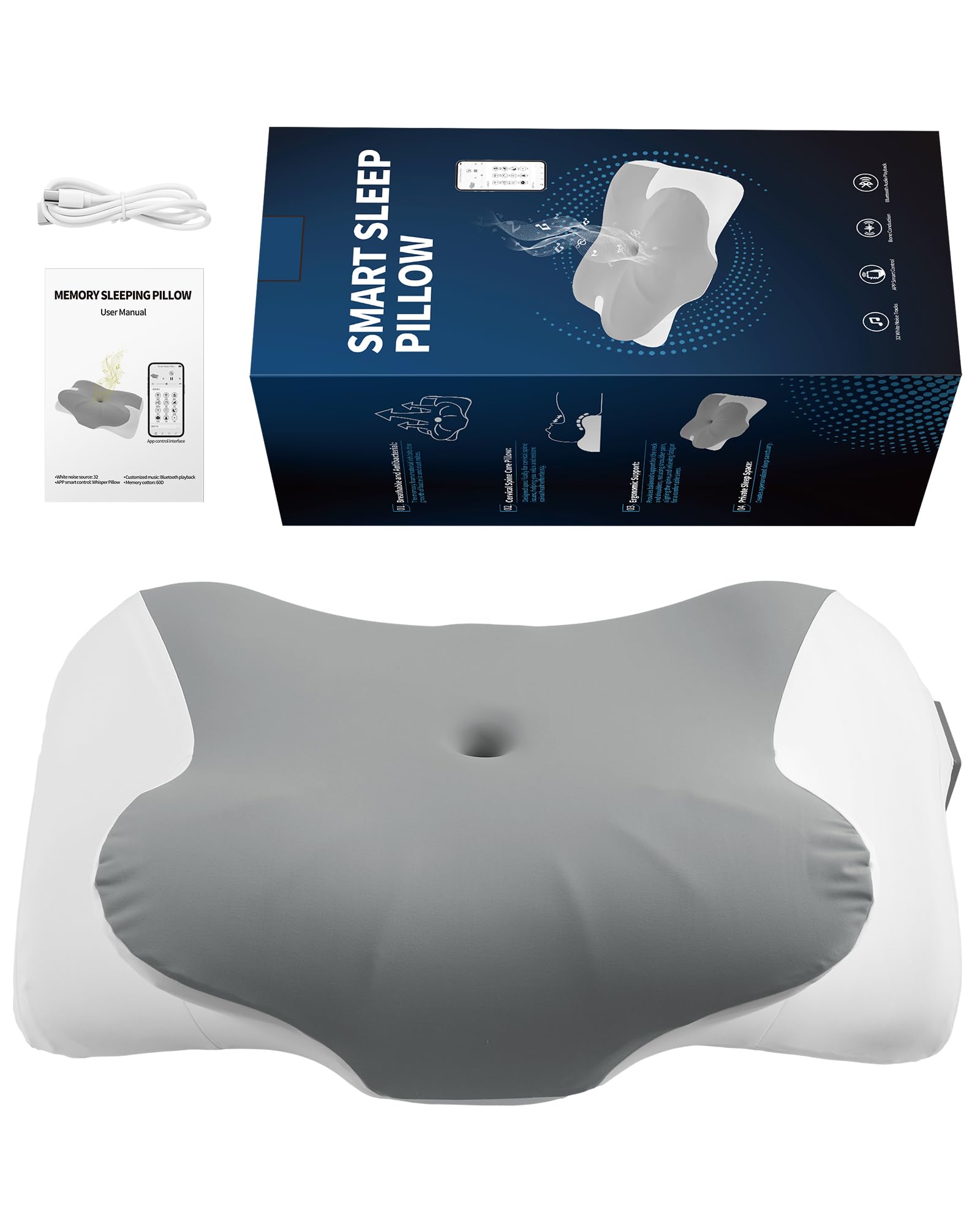 eSynic Memory Foam Kissen Antischnarchkissen App-gesteuert Abnehmbarer waschbarer Bezug Weiß