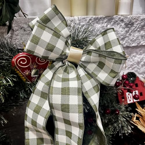 Image of Moss Green Plaid Wired Ribbon - 2 1 /2 inch x 10 Yards, Green Natural Tartan, Spring, Fall Decor, Autumn, Christmas, Wreath, Gingham, Gift Decor, Bow Decoration, Mardi Gras, St. Patrick's Day, Easter