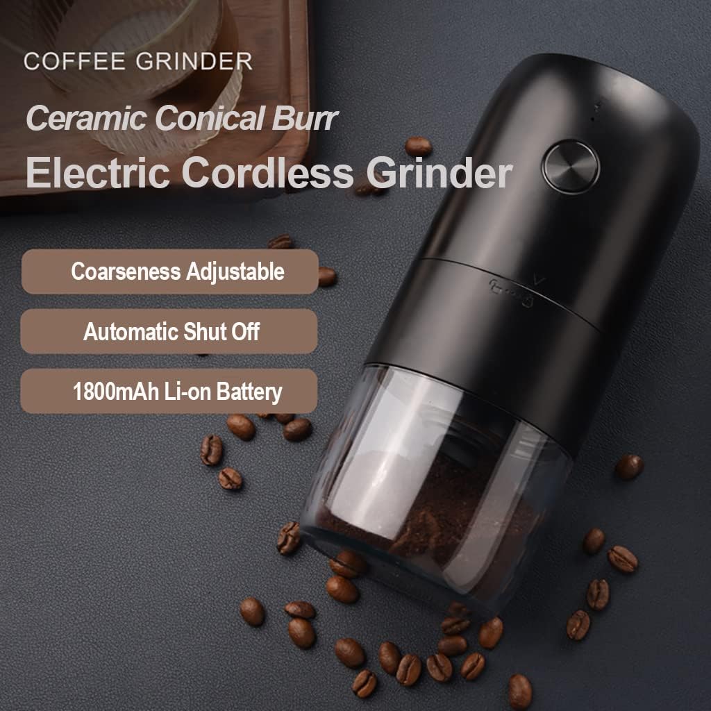 Electric Coffee Grinder Wireless Grinding Coffee Beans Ceramic Conical Burr Cordless Coarseness Adjustable Portable One Touch 25g Large Capacity Noiseless Long Stand-by (KMDJ-2A, Black)