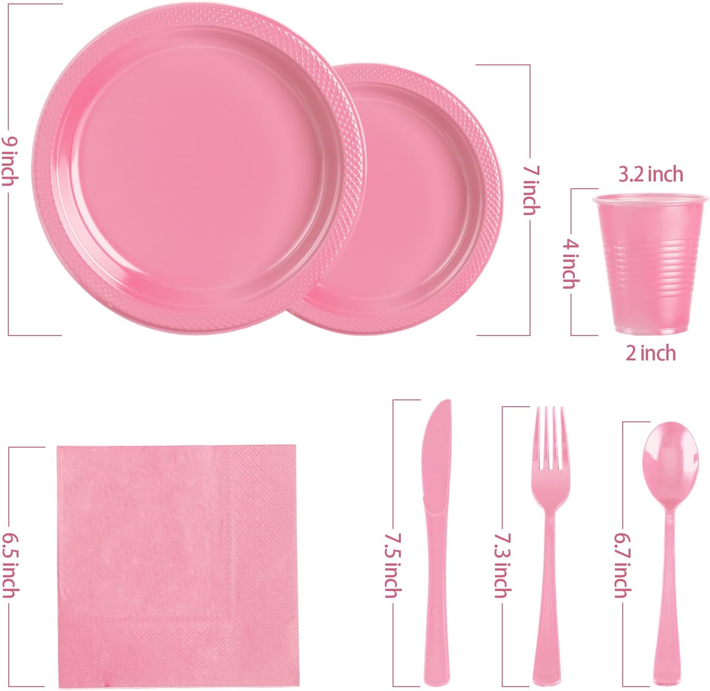 Pink Plastic Plates, 25 Guest Pink Party Supplies Set, Pink Disposable Dinnerware Set, Including Plastic Plates, 12 oz Cups, plastic Cutlery and Paper Napkins for Party Wedding Birthday