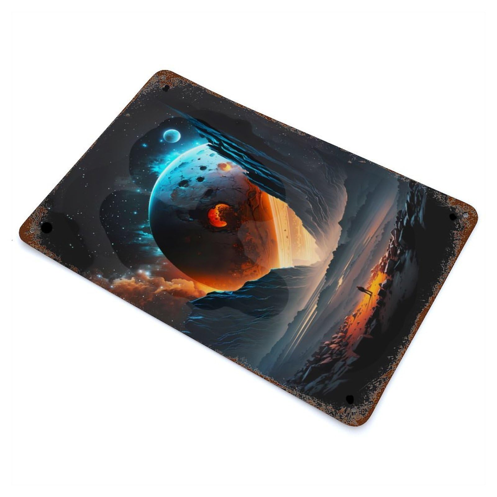 Stellar Solitude Planet Vintage Wall Sign 11.8"x7.9", Rust Effect Metal Decor for Office, Studio And Wall Decor
