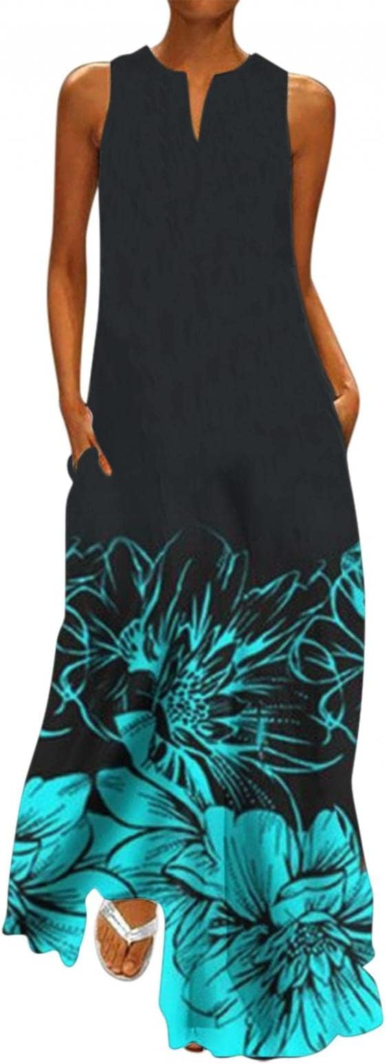 Spritumn-Home Summer Dresses for Women UK Ladies Casual Printing V/O-Neck Sleeveless Fashion Dress Summer Sundress Summer Dresses Plus Size Party Elegant UK Size Plus Size S-XXL
