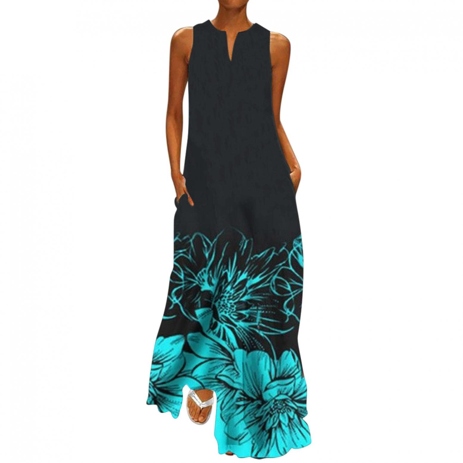 Spritumn-Home Summer Dresses for Women UK Ladies Casual Printing V/O-Neck Sleeveless Fashion Dress Summer Sundress Summer Dresses Plus Size Party Elegant UK Size Plus Size S-XXL