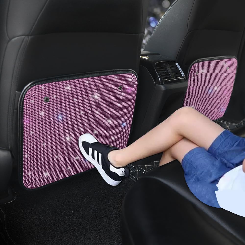 Luster Crystal Car Seat Back Protectors Automobile Kick Mats with Sparkling Rhinestones, Bling Bling Diamond Auto Seat Back Kick Protectors Interior Accessories Universal Fit Pink 2Pcs