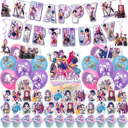 48Pcs Demon Movie Hunters Birthday Party Supplies Party Decorations Set Include Banner Balloons Hanging Swirls Cake Cupcake Toppers Tablecloth for Boys Girls Demon Hunters Theme Party