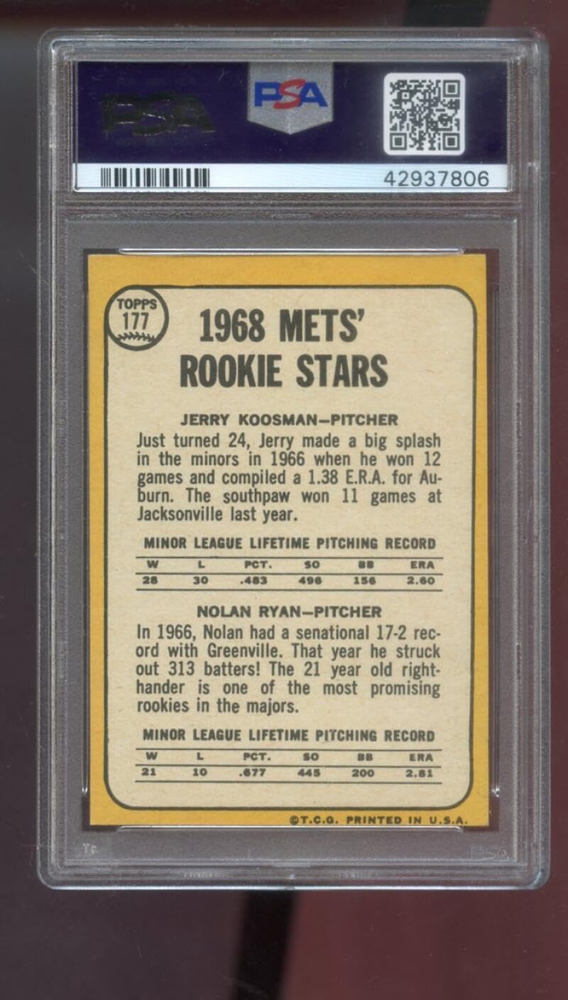 1968 Topps #177 A Mets Rookies Nolan Ryan/Jerry Koosman New York Mets (Baseball Card) (Back is Gold in Color) PSA PSA 7.00 Mets