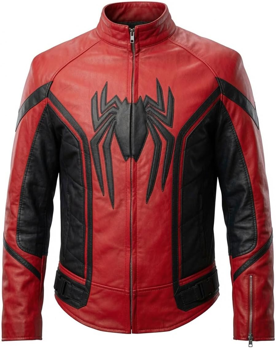 Spider Classic Men Web Red and Black Faux Leather Jacket