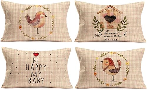Paquete de 4 fundas de almohada vintage de 12 x 20 pulgadas, decoración de granja con texto en inglés Love Birds Home Sweet Home, funda de cojín