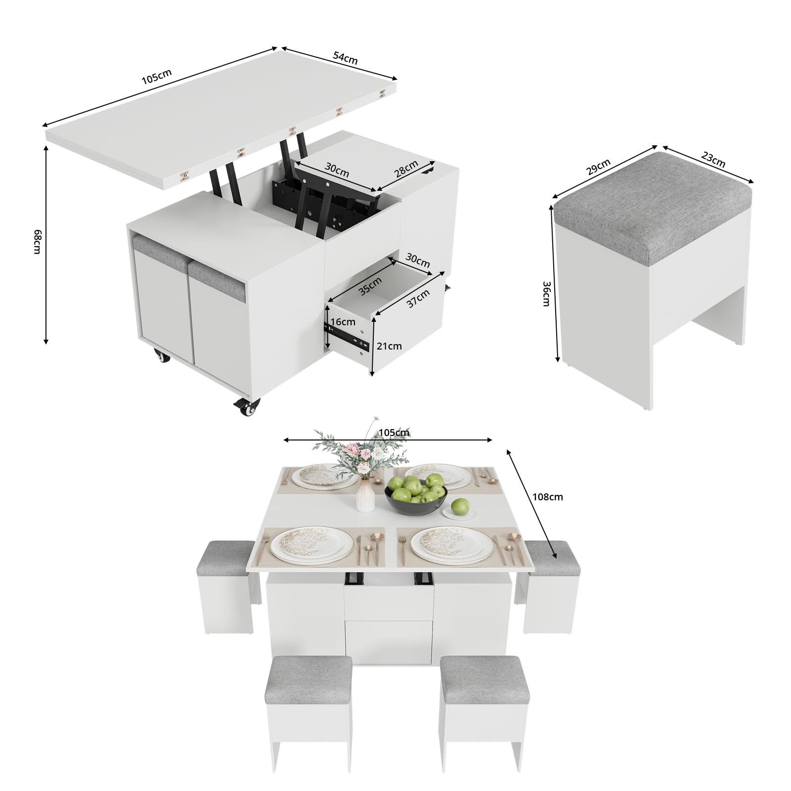 VOWNER Tavolino da Salotto Regolabile in Altezza, Tavolo da Salotto Multifunzionale 4 in 1 con 4 sgabelli, Tavolino da Salotto Convertibile in Tavolo da Pranzo da Salotto, Bianco, 108 x 106 x 68 cm