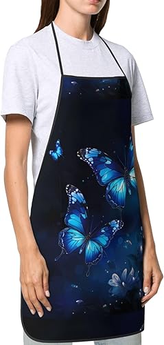Miniatura 2 de Unisex Apron With Pocket, Dark Blue Butterflies Print Chef Apron For Cooking, Bbq & Crafts, Spillproof Kitchen Protection Bib With Large Utility