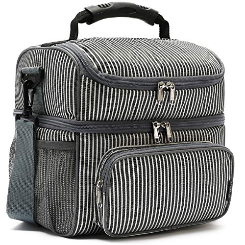 FlowFly Bolsa de almuerzo térmica de doble capa para adultos, bolsa grande para hombres y mujeres, con correa ajustable, bolsillo frontal y bolsillos laterales de malla grandes, tira blanca y negra