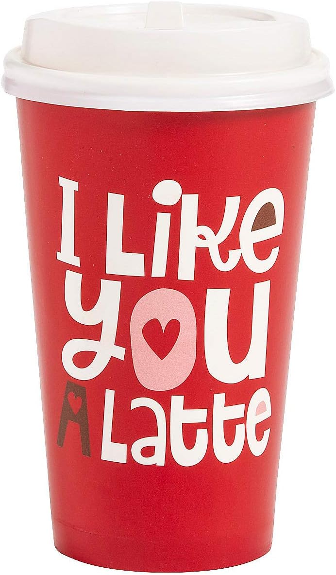 Fun Express I Like You A Latte Insulated Coffee Cups with Lids - Valentine's Day Party Supplies - 12 Pieces