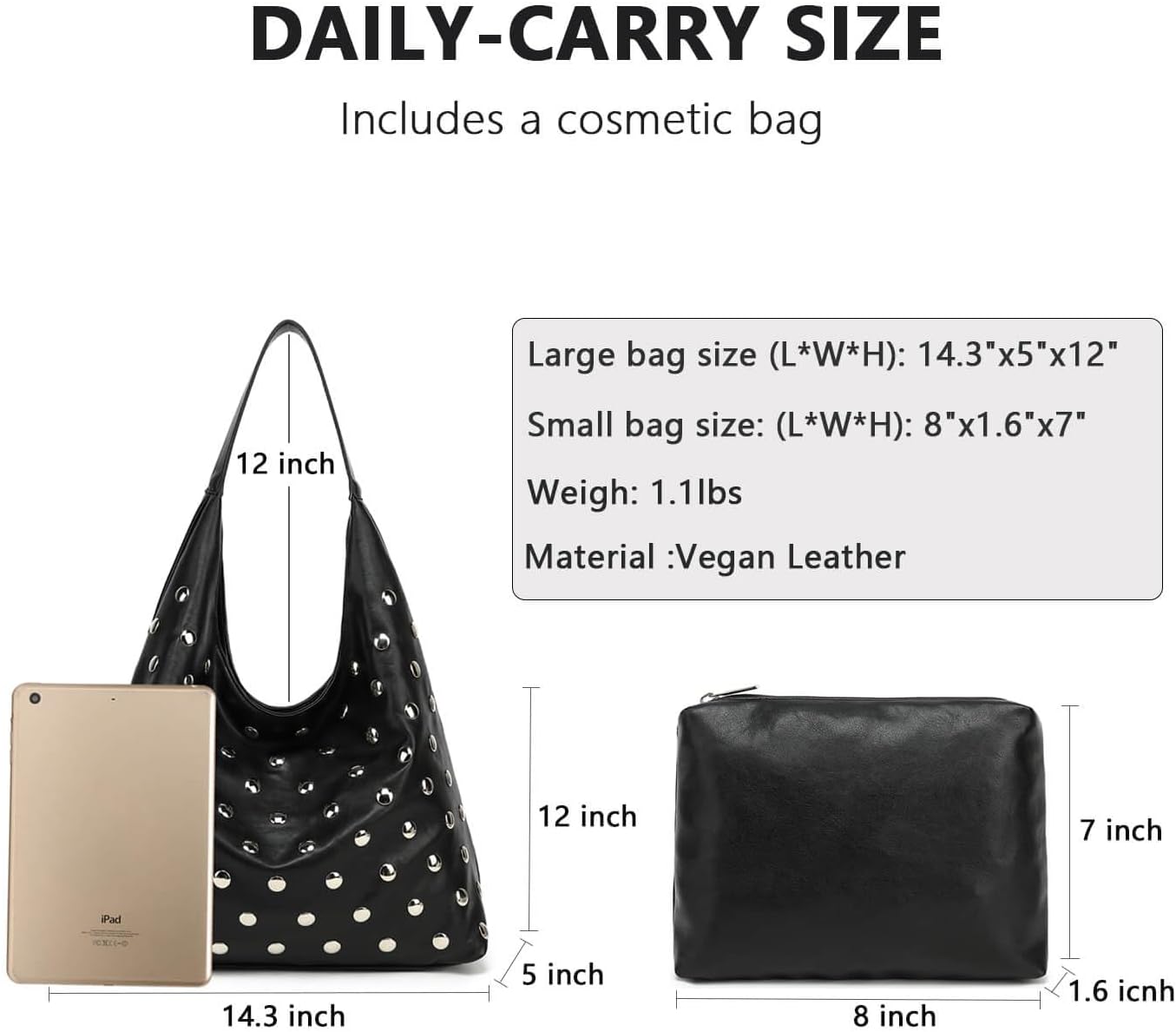 Studded Hobo Bag for Women, Vegan Leather Tote Purse, Soft Slouchy Shoulder Bag