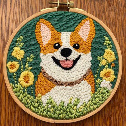 Image of DIY Punch Needle Kits Cute Cartoon Corgi Dog with Hoop 20x20cm-3