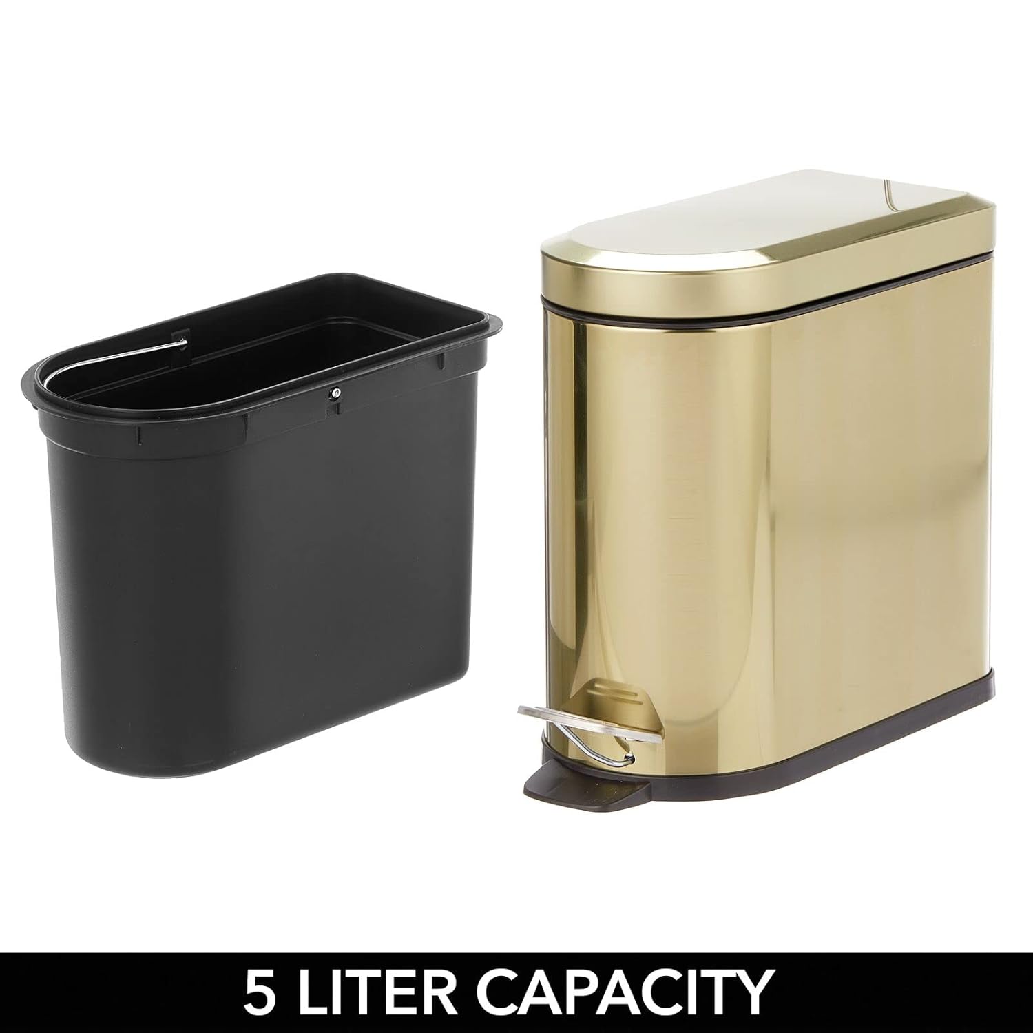 mDesign Small 1.3 Gallon Stainless Steel Metal Step Trash Can Garbage Bin for Bathroom, Bedroom, Home Office, D-Shape Trashcan with Foot Pedal and Lid, Removable Liner Bucket with Handles, Soft Brass