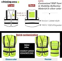 Vista 4 de Añade tu nombre y texto en el chaleco de seguridad reflectante de alta visibilidad Clase 2 ANSI, personaliza tu texto, ropa de trabajo, 5 bolsillos