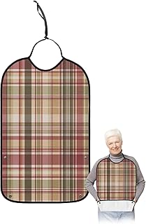Kewadony Adult Bibs for Elderly Women - Fall Waterproof Dining Clothing Protectors with Crumb Catcher for Eating/Feeding, Pink Yellow Rustic Buffalo Plaid Vintage Autumn Terry Cloth Bib Washable