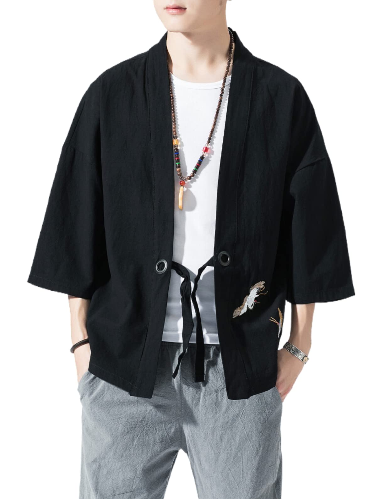 Men's Japanese Kimono Cardigan Loose Cotton Linen 3/4 Sleeve Open Front Casual Summer Shirt Jackets