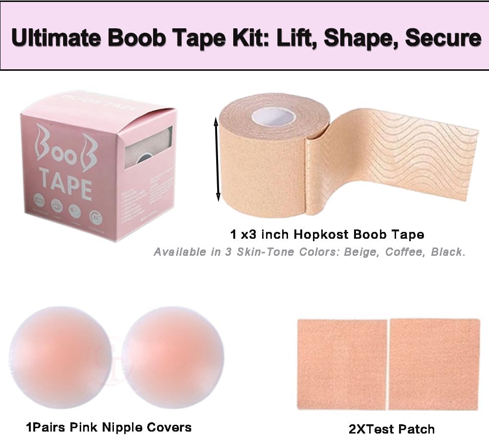 Breast Lift Tape Boob Tape Kit, 2.95 inX16.4 ft Body Tape with 1pairs Reusable Silicone Adhesive Nipple Covers