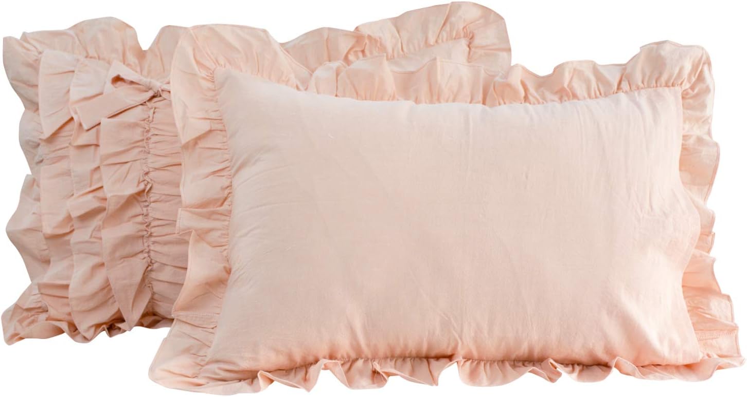 Softta 2Pcs 20x36 Pillowcase Ruched Bow Ruffles Pillow Shams Decorative Shabby Chic Pillow Covers Bowknot Peach Pink 100% Washed Cotton King/Cal King (NO Comforter NO Filling)
