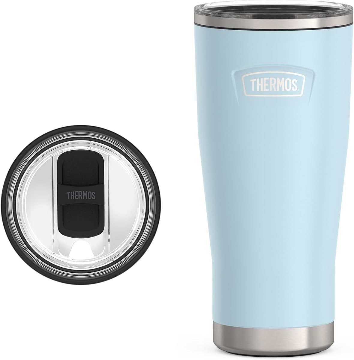 THERMOS Icon Series Vaso de acero inoxidable de 24 oz con tapa con cierre deslizante, a prueba de fugas, se adapta a portavasos, apto para lavavajillas, base antideslizante Griptec™, mantiene las bebidas calientes 6 horas/frías 22 horas, Glaciar