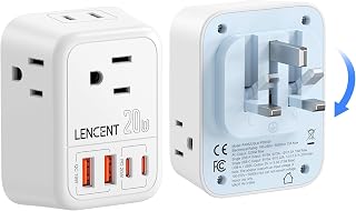 LENCENT Foldable US to UK Ireland Travel Plug Adapter, PD 20W Type G Power Adaptor with 4 Outlet, USB C Fast Charger Adapter, USA to Dubai Scotland British London England Hong Kong Irish Qatar