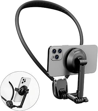 Magnetic & Clip-on Neck Phone Mount, Hands-Free POV Phone Holder for Vlog Video Recording, Compatible with iPhone, Android Smartphones, GoPro and Other Action Cameras