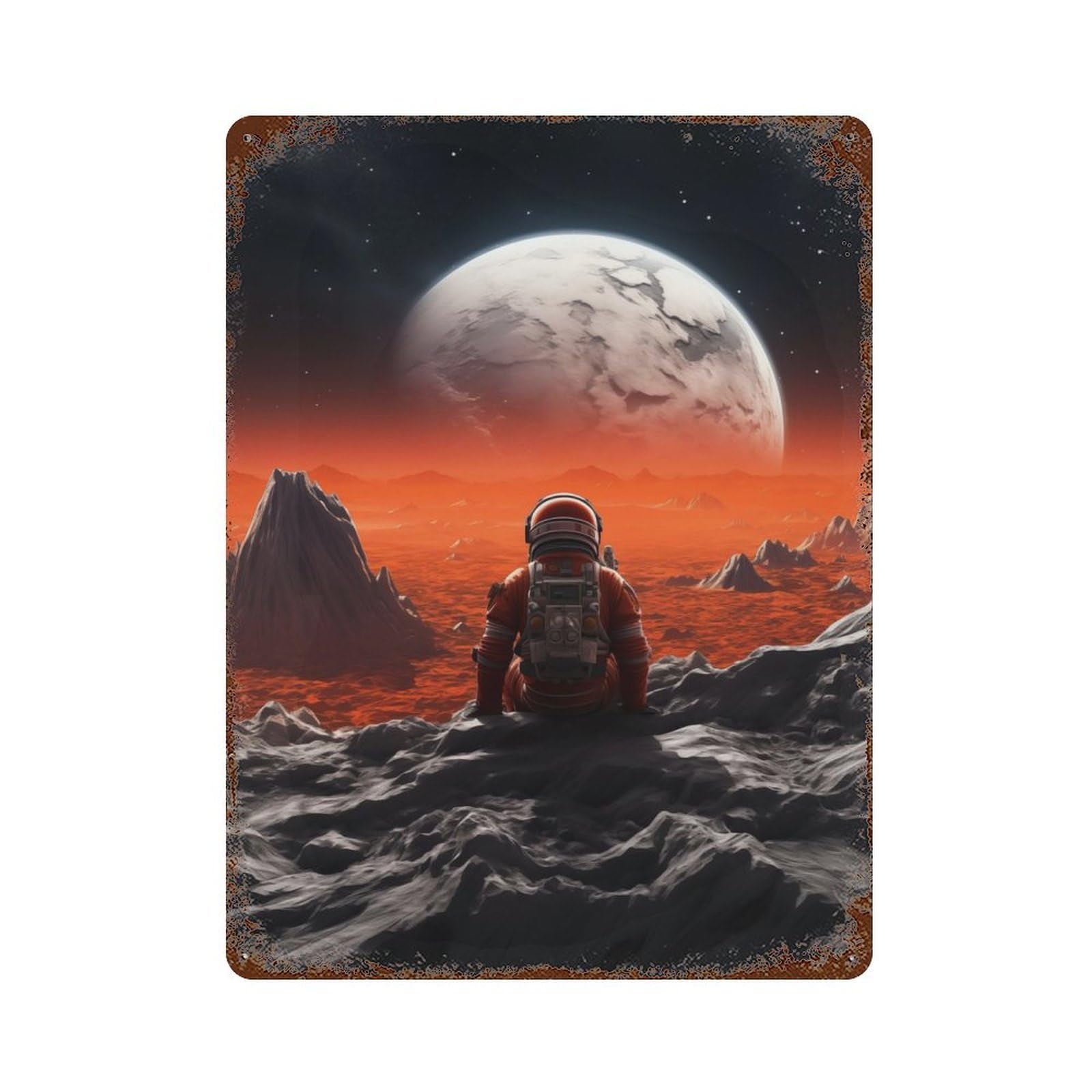 Vintage Rust Metal Sign with Astronaut Space Design 15.7"x11.8", for Garage, Bar And Workshop Decor, Retro Wall Decor