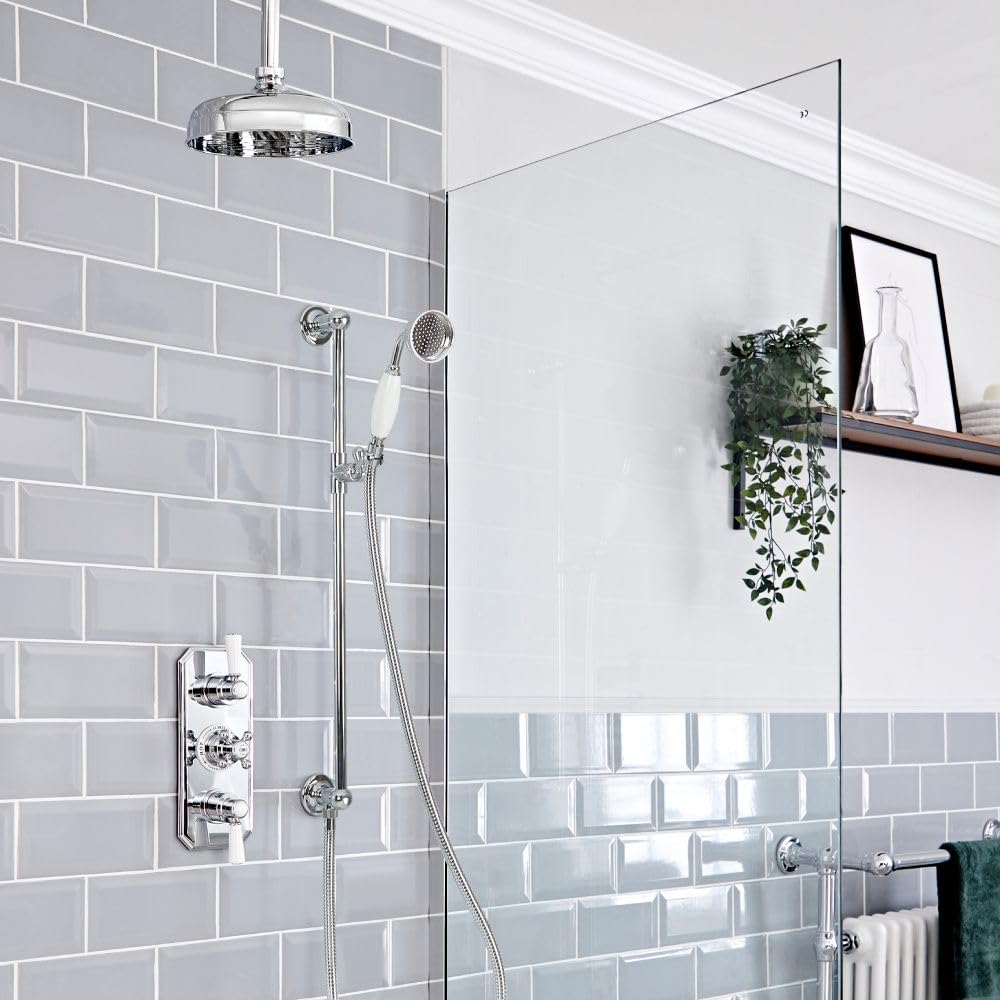 Milano Chrome & White Elizabeth Thermostatic Mixer Valve 205Mm Round Shower Head Riser Rail - Chrome White