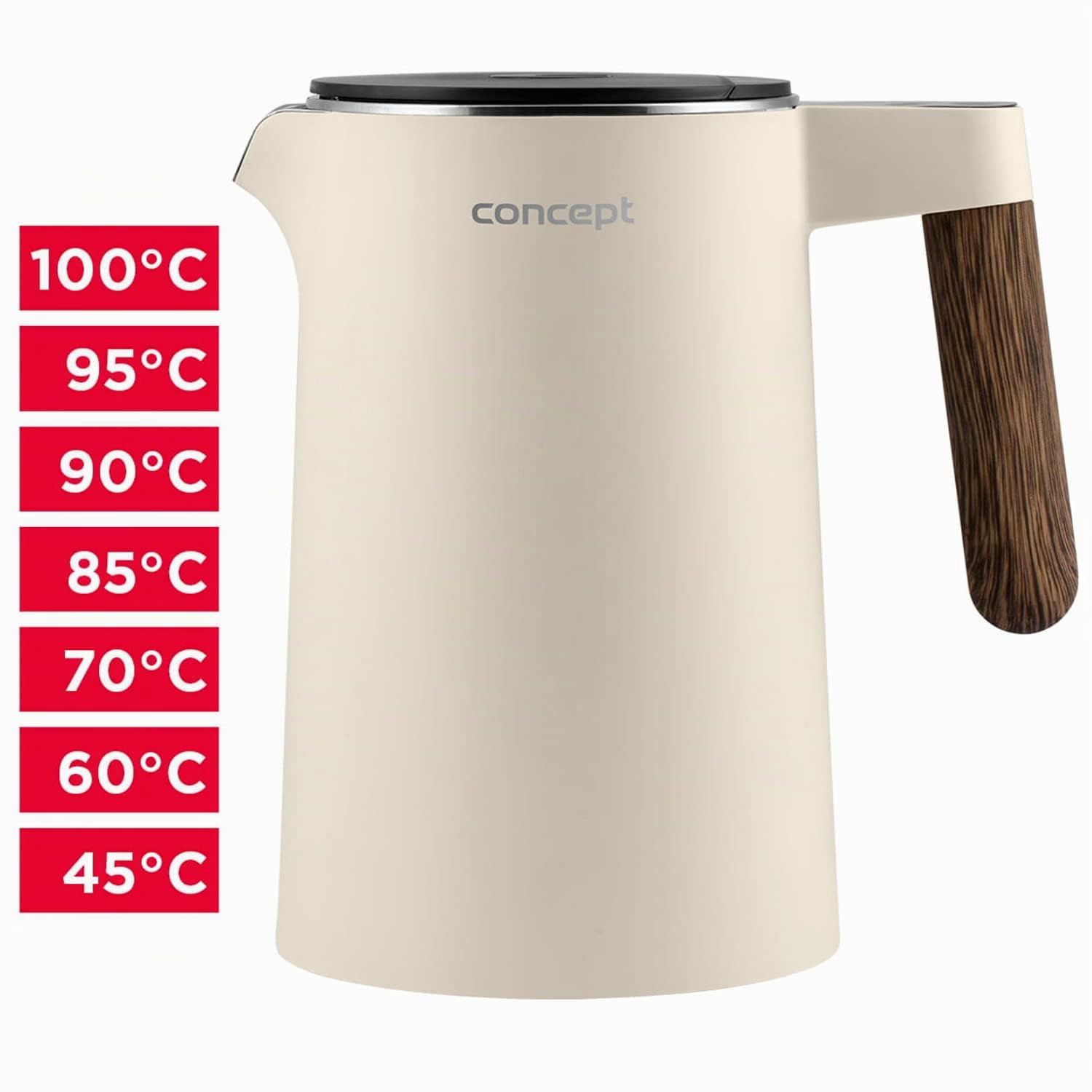 Concept Norwood Bouilloire en acier inoxydable avec réglage de la température 45/60/70/85/90/95/100 °C Fonction Keep Warm 1,5 l 1850-2200 W (vanille)