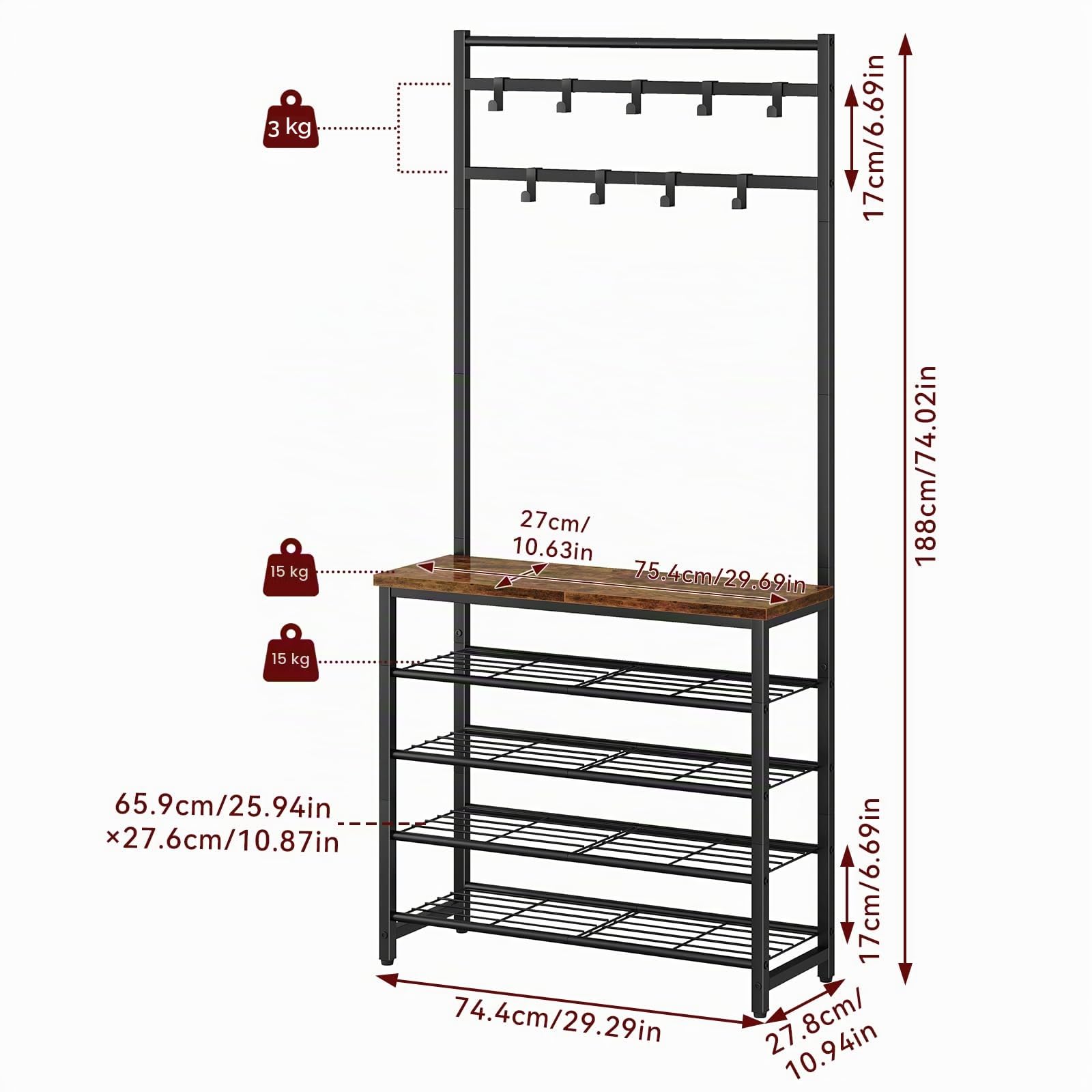IBUYKE 188cm de Perchero con Zapatero, 5 Niveles de Estantes para Zapatos con 9 Ganchos Ajustables, Perchero con Banco para Entrada Pasillo Dormitorio, Marrón Rústico y Negro TXJ007H