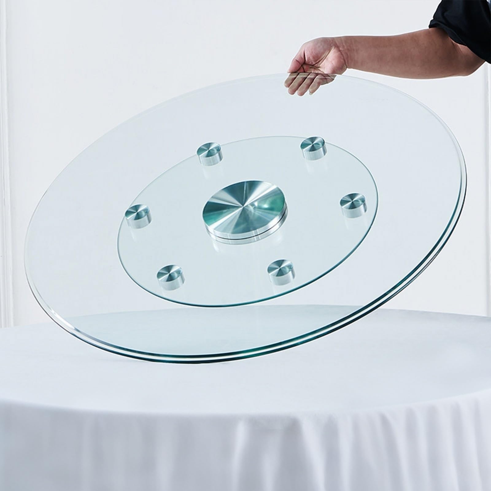 Plateau tournant Lazy Susan à double couche en verre trempé rond rotatif à 360° silencieux avec 6 roues pour centres de table de fête