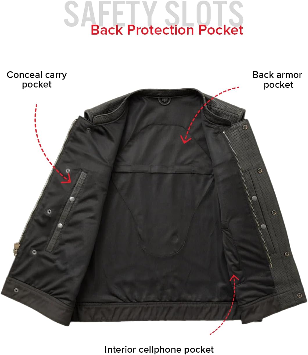 First Mfg Co - Lowside - Mens Motorcycle Biker Riding Canvas, Leather, Twill, Perforated Leather Vest