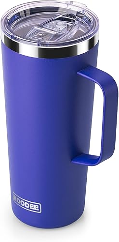 koodee Taza de café con tapa, taza de viaje de café aislada de 24 onzas con asa, taza de café de acero inoxidable al vacío, taza de café, a prueba