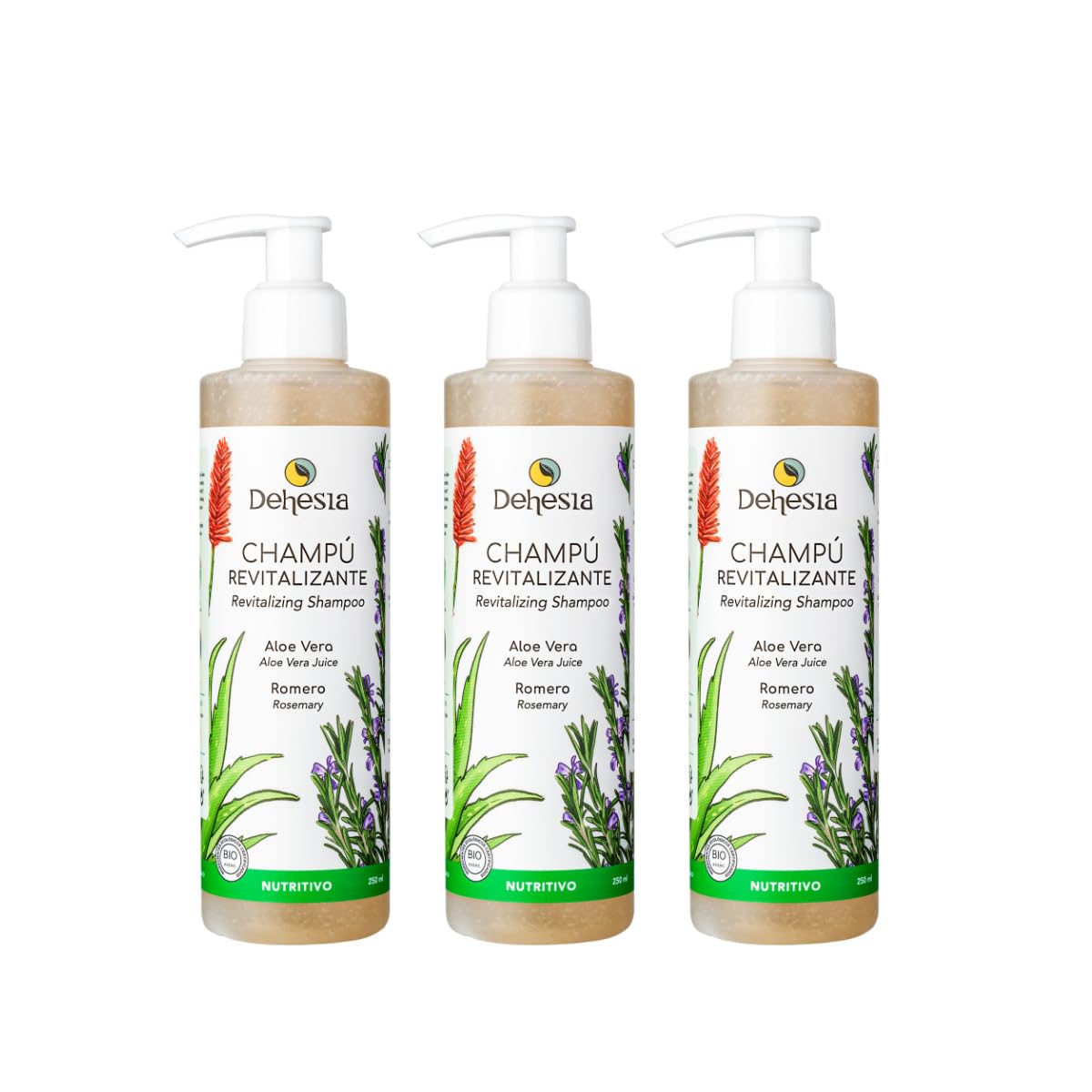 Pack ahorro 3 unidades de Champú revitalizante BIO 100% natural sin sulfatos | Sin sulfatos ni siliconas | Con coco, aloe vera, extracto de romero y manzanilla, hidratante y fortalecedor