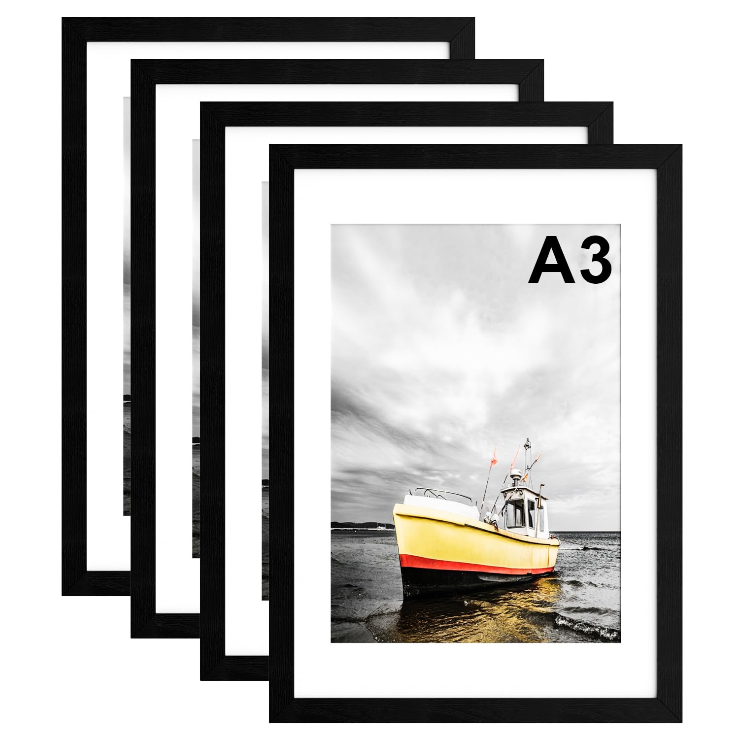 A3 Picture Frame with Mount, 4 Pack 29.7x42cm Photo Frames, Black A3 Poster Frame with Safe Perspex Front