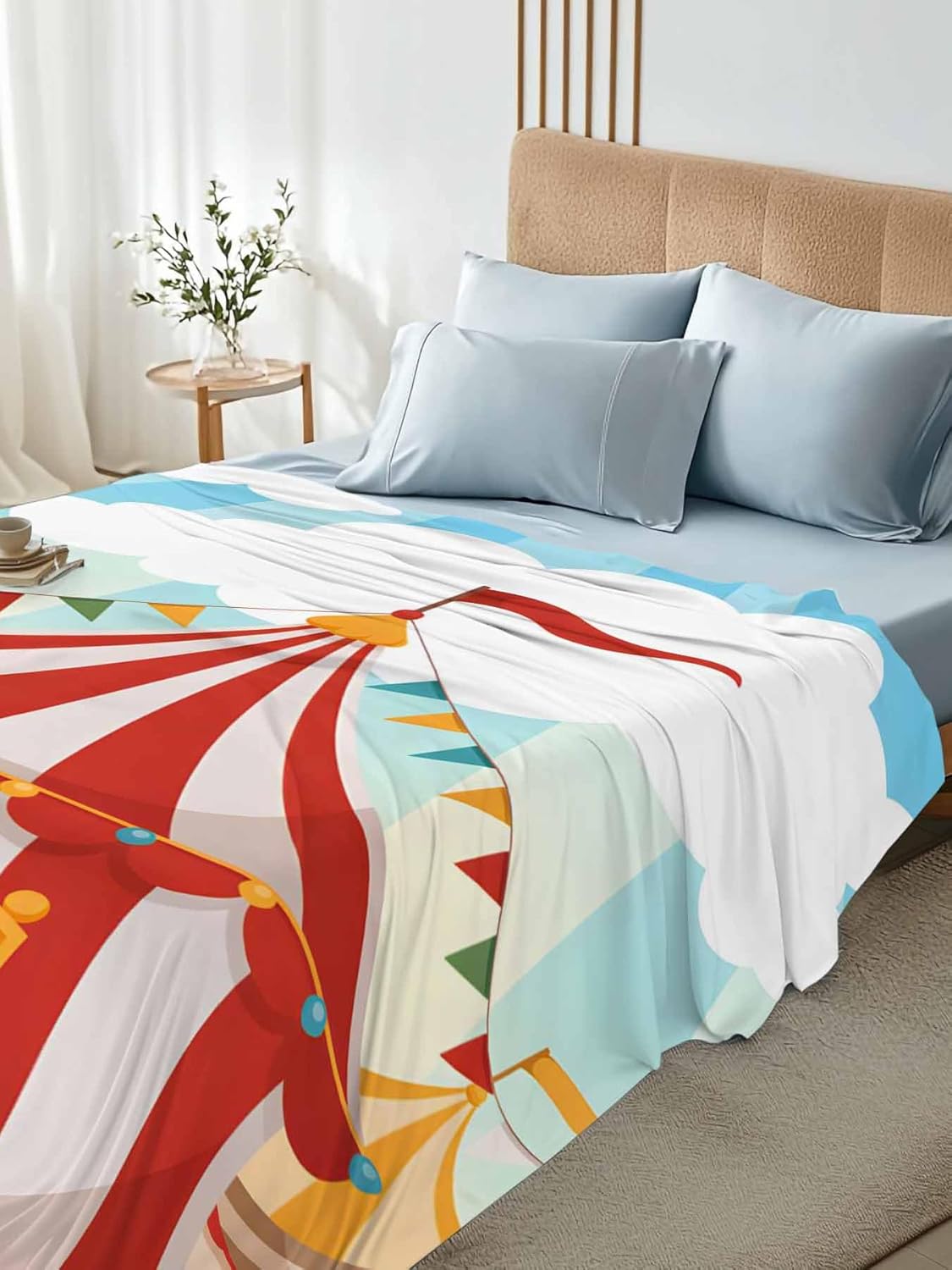 Full Flat Sheet, Cartoon House Full Bed Sheets Only, Soft Microfiber Flat Sheet, Funny Playground Blue Sky White Cloudy Hotel Quality Bedding Top Sheet Bedroom Home Dorm Decor