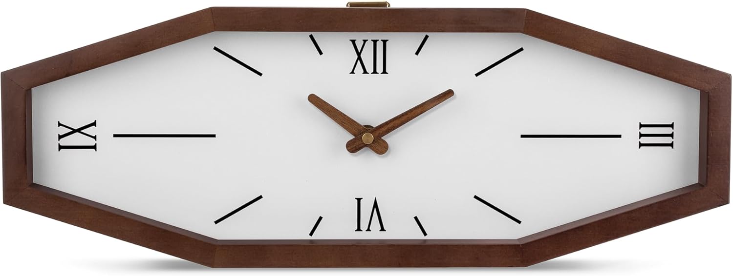 Foxtop Wooden Mid Century Modern Wall Clock, 17.5 Inch Unique Wall Clock Battery Operated Silent Non-Ticking Retro Clock Decorative for Living Room Kitchen Home Office Desk (Brown)