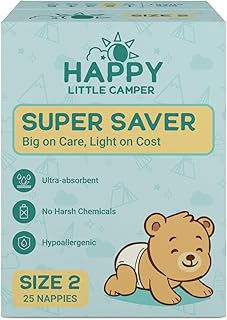 Happy Little Camper Super Saver Nappies, Size 2 (4 - 7kg) 25 count | Budget-Friendly Disposable Baby Nappies for Sensitive Skin | Hypoallergenic, Fragrance-Free, Ultra Absorbent