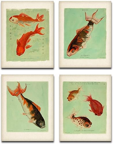 Pinturas japonesas de peces dorados, juego de 4 impresiones, coloridas obras de arte japonesas pintadas a mano, perfectas para decoración de oficina