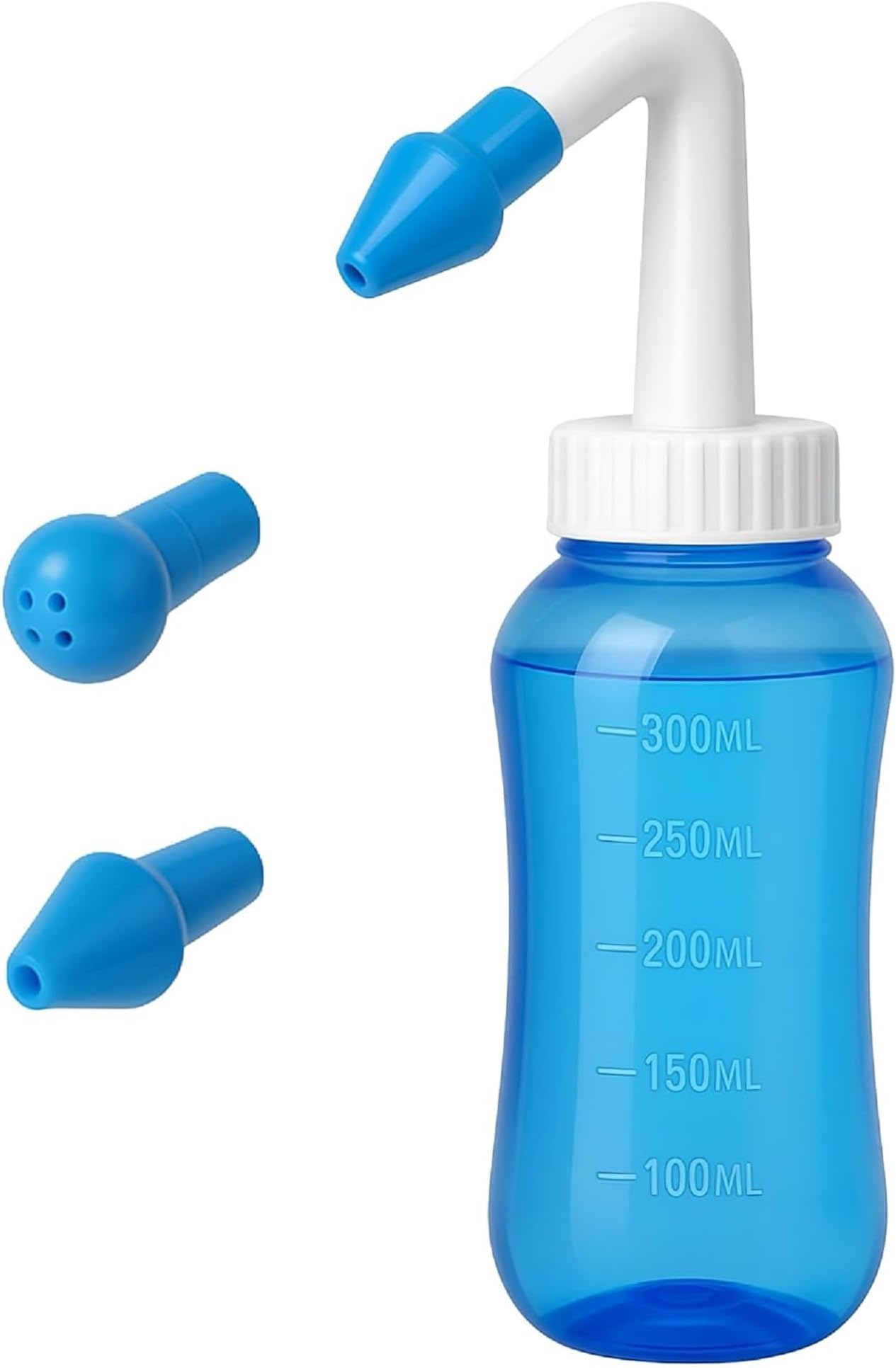 Nasal Irrigation Bottle with Measurement Markings, Squeeze Nasal Rinse System, Angled Tube Design, Includes Wide Hole Adult Nozzle and Four Hole Child Nozzle Heads