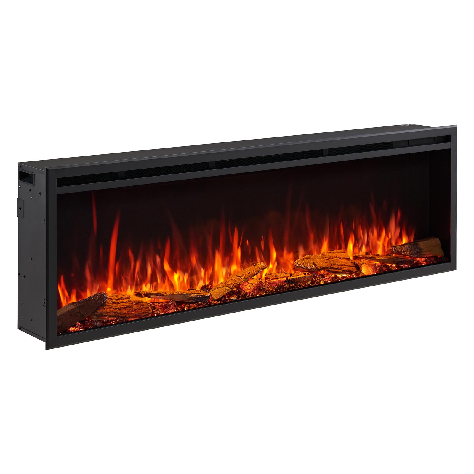 FLAMME 60 inch Media Wall Electric Fireplace, Castello Platinum Black | 1.5kW Heater (750W/1500W), Multi-Colour Flames, Logs & Black Glass Chips, Alexa & App Control, Wall Mounted or Recessed