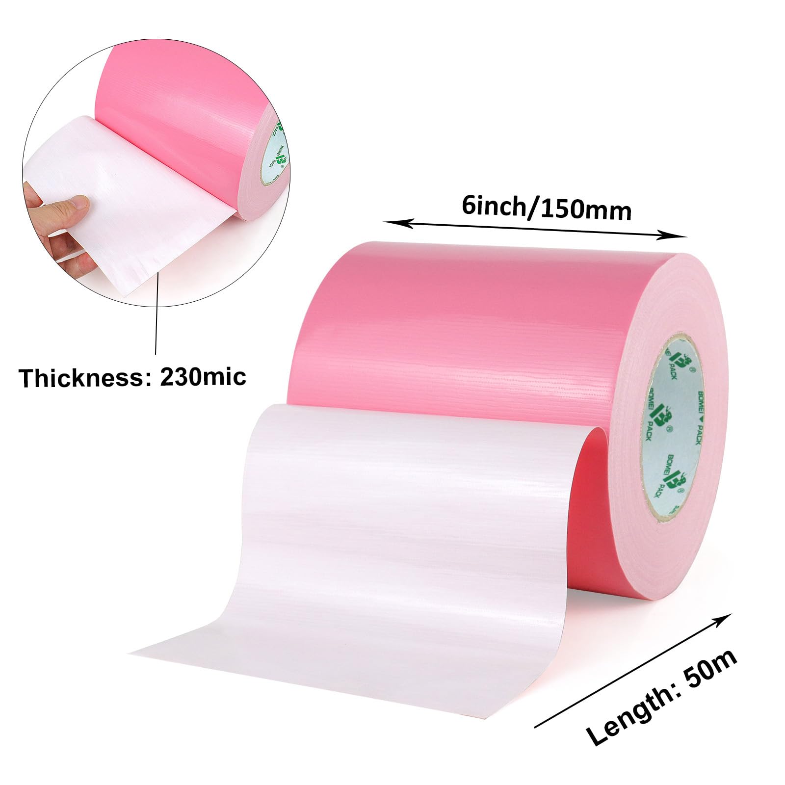 BOMEI PACK Cinta adhesiva de tela rosa de 150 mm x 50 m, reforzada, resistente al agua, cinta adhesiva resistente para fijar reparaciones, manualidades, etiquetado, cajas de sellado para trabajos en