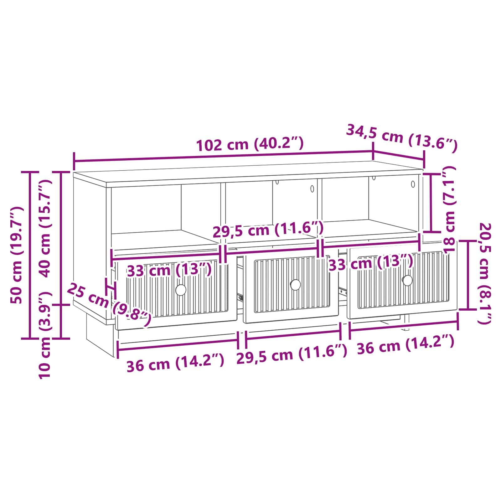 Mobile TV Sonoma grigio, 102 x 34,5 x 50 cm, in legno con vano portaoggetti, gestione dei cavi e 3 cassetti per soggiorno moderno, home theater, console multimediale, mobile TV, credenza