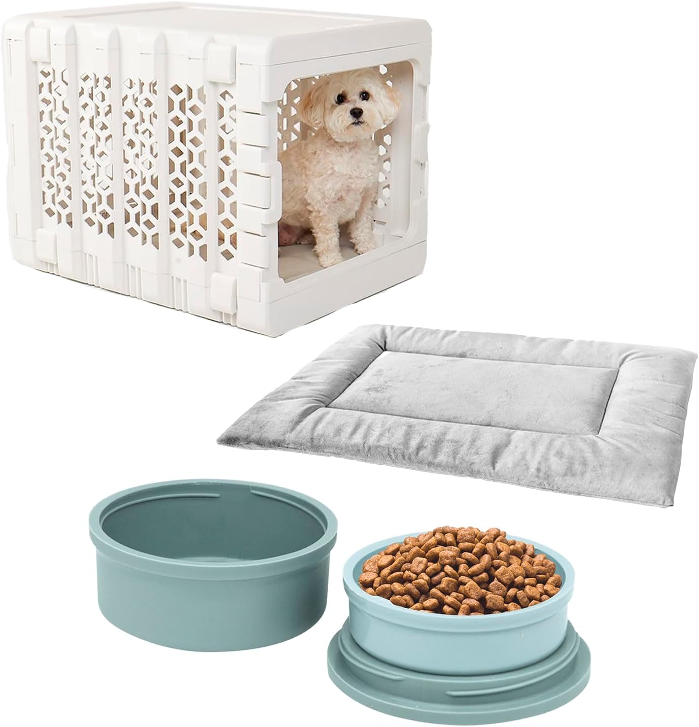 KindTail Puppy Bundle - Collapsible Dog Crate + Pad + Pet Bowl Set - Comfortable PAWD Pad and Portable Pet Bowls are a for The Pet Crate - Lightweight, Compact, and Portable Set for Travel