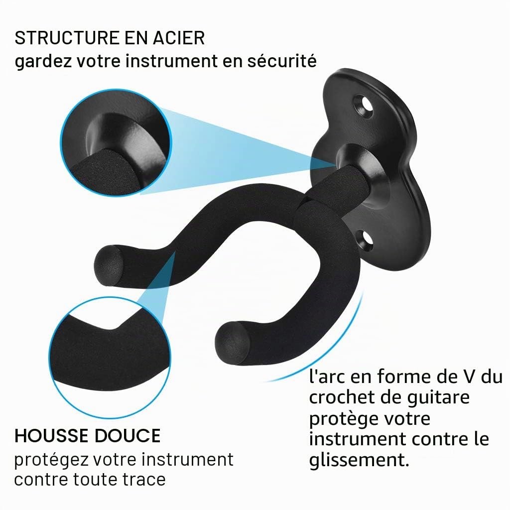 Lot de 2 Support Guitare Mural, Support Mural Ukulele, Guitare Electrique, Guitare Classique, Basse, Accroche Guitare Mural