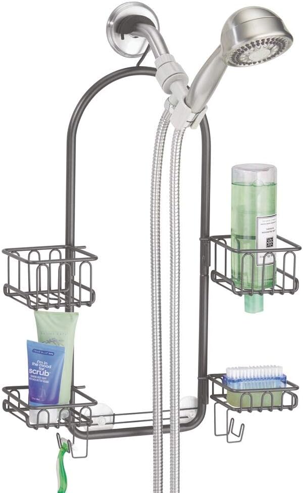 mDesign Modern Metal Hanging Bath and Shower Caddy Organizer for Hand Held Shower Head and Hose - Storage for Shampoo, Conditioner, Hand Soap - 4 Swivel Shelf Format - Graphite Gray