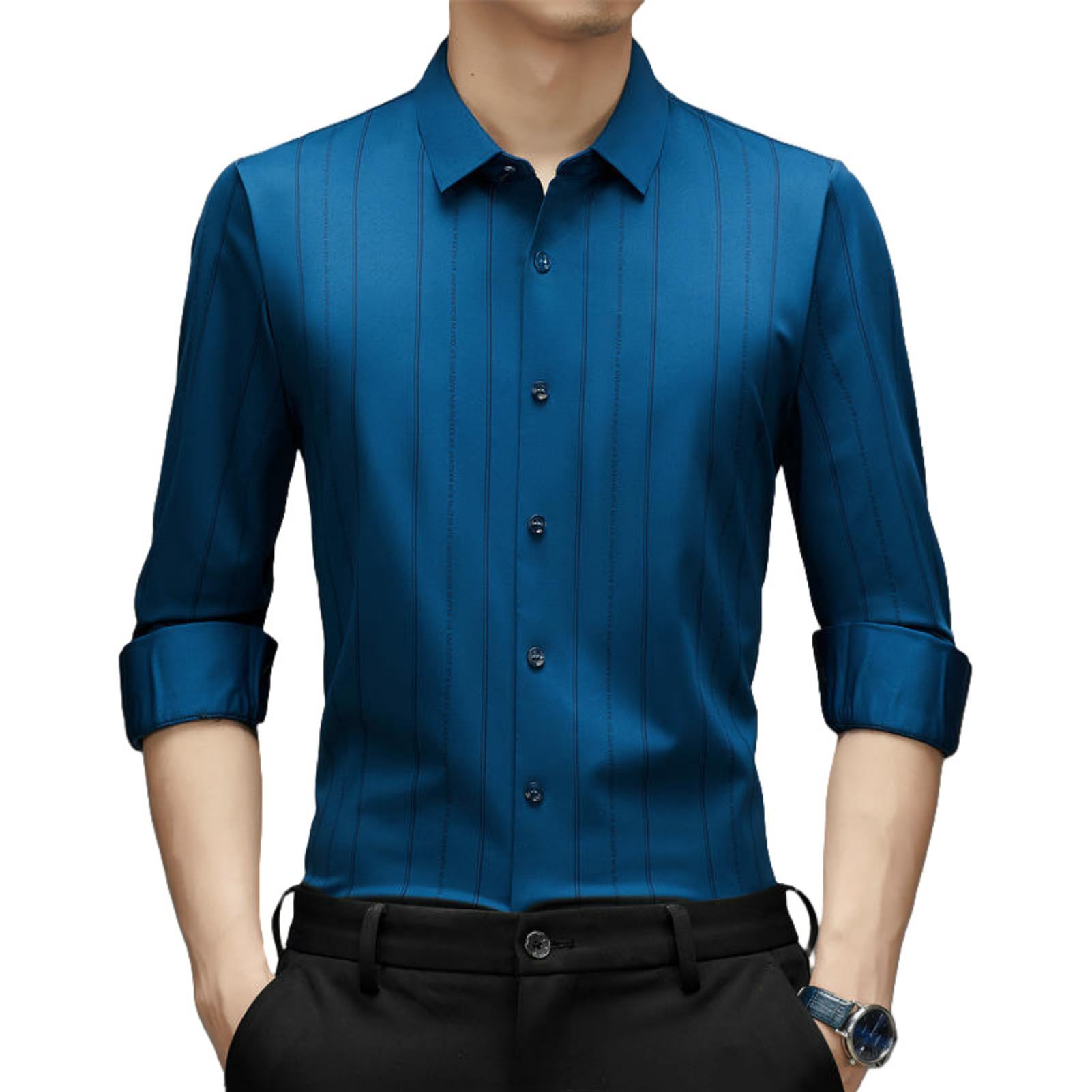 Herren Frühling Langarm Nahtloses Drapiertes Elastisches Gestreiftes Business Casual Mittelalt Hemd